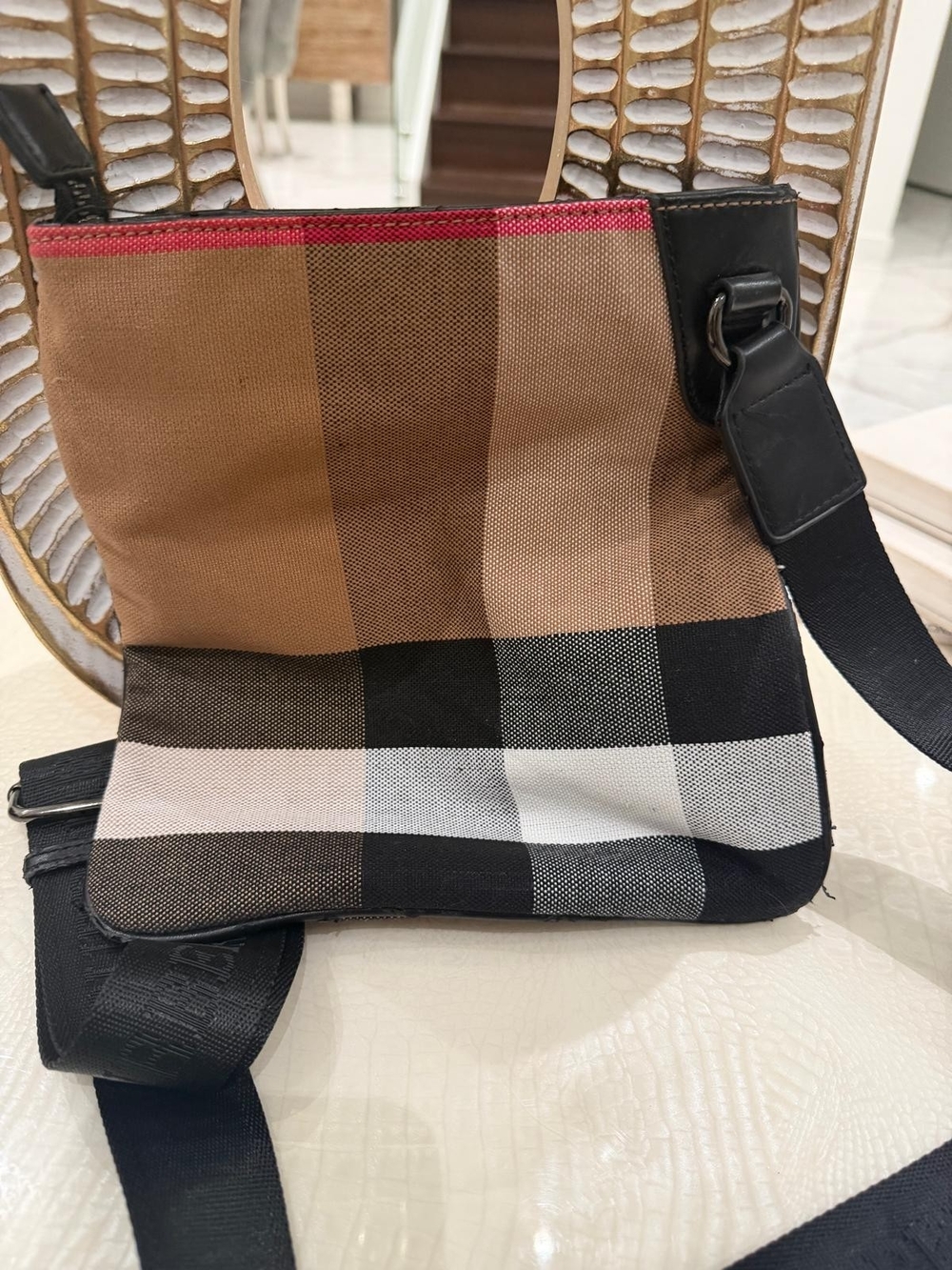 Burberry Check Messenger Bag in Tan, Black and Cream with Red Trim